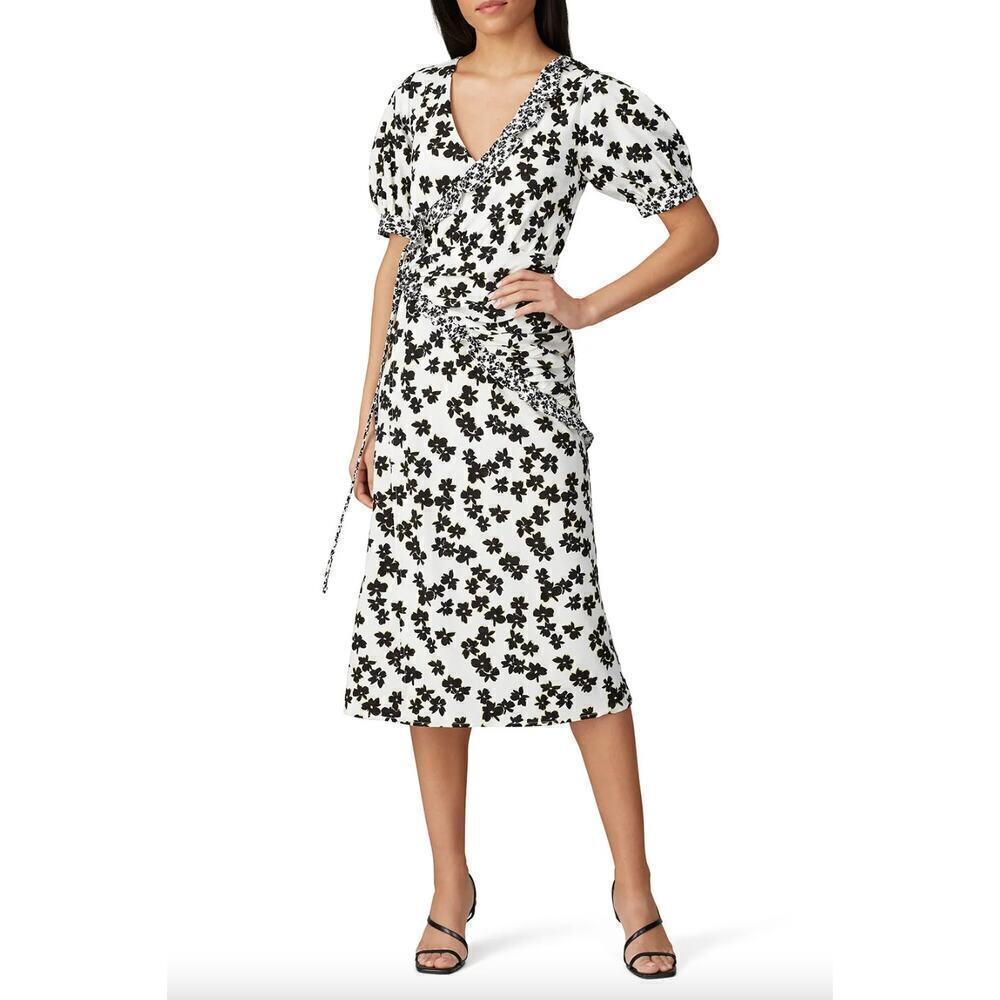 Love, Whit Floral Puff Sleeve Midi Black and White Wrap Dress • Size L ⬇️